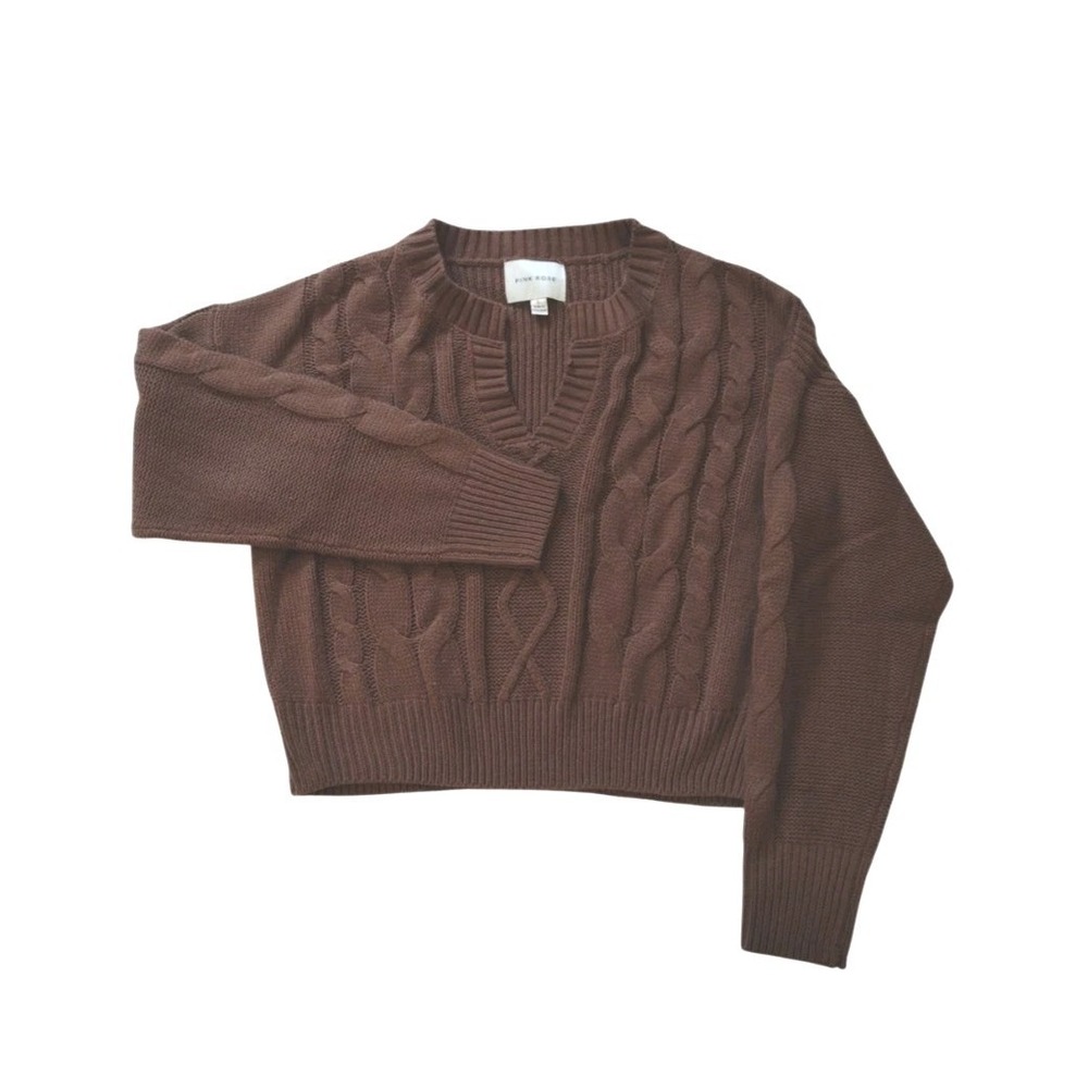 Pink Rose Cropped Sweater Women L Brown Juniors Cable Knit V Neck Lightweight